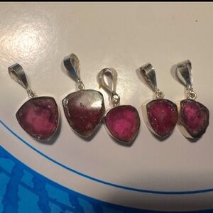 rare 34.00 carats matching set of 5 genuine watermelon tourmaline slice pendants